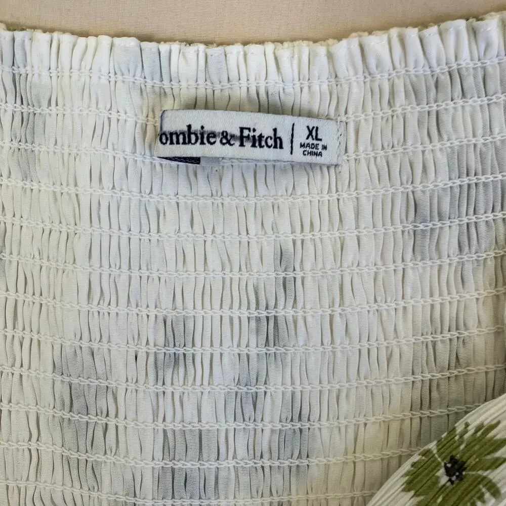 Abercrombie & Fitch Sz XL Babydoll Maxi Dress White Green Floral Crinkle